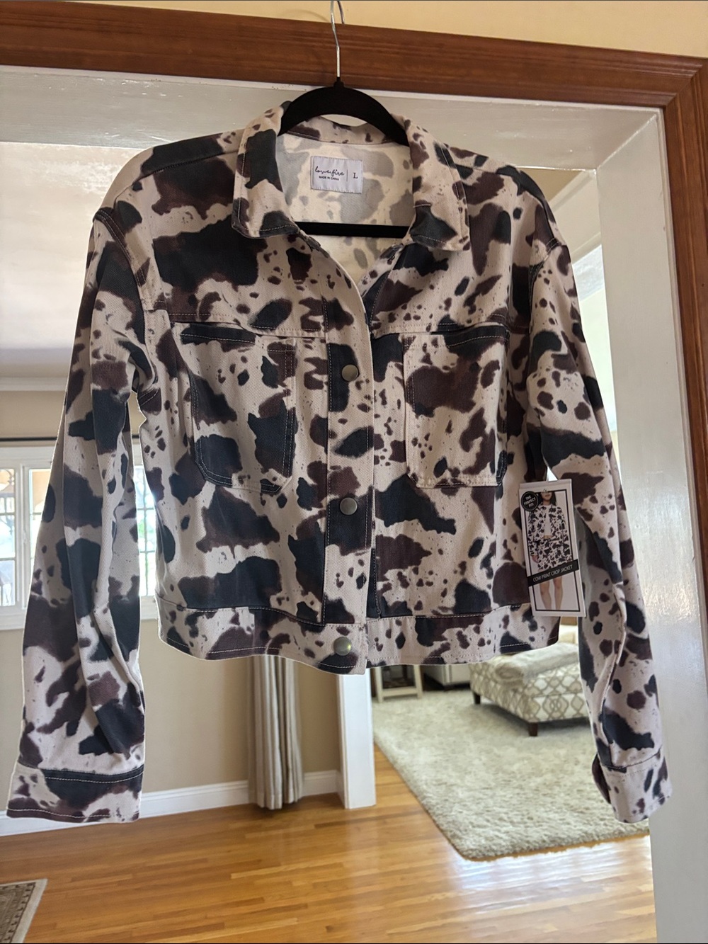 love, Fire Cow Print Cropped Jacket - Brown & Cream Large NWT